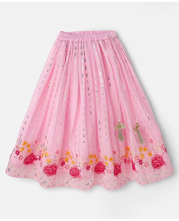 Babyhug Net Woven Half Sleevez Lehenga Choli Set With Floral Emrboidery & Dupatta - Peach