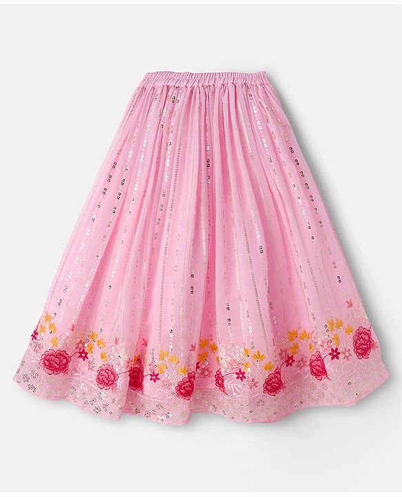 Babyhug Net Woven Half Sleevez Lehenga Choli Set With Floral Emrboidery & Dupatta - Peach