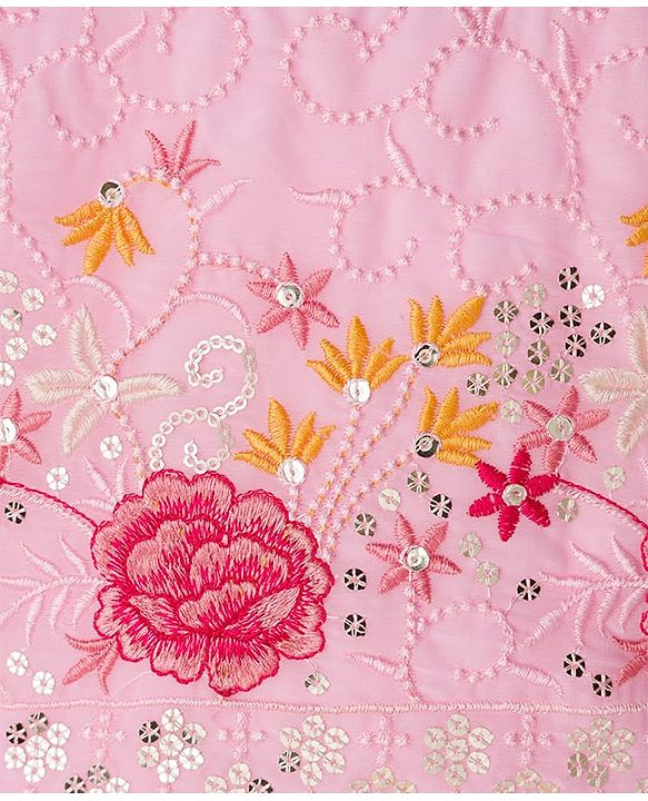 Babyhug Net Woven Half Sleevez Lehenga Choli Set With Floral Emrboidery & Dupatta - Peach
