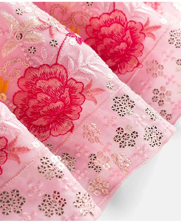 Babyhug Net Woven Half Sleevez Lehenga Choli Set With Floral Emrboidery & Dupatta - Peach