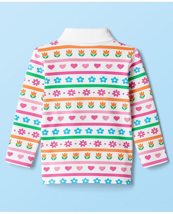 Babyhug Cotton Elastane Knit Full Sleeves Turtle Neck Winter T-Shirt with Floral & Heart Print - White