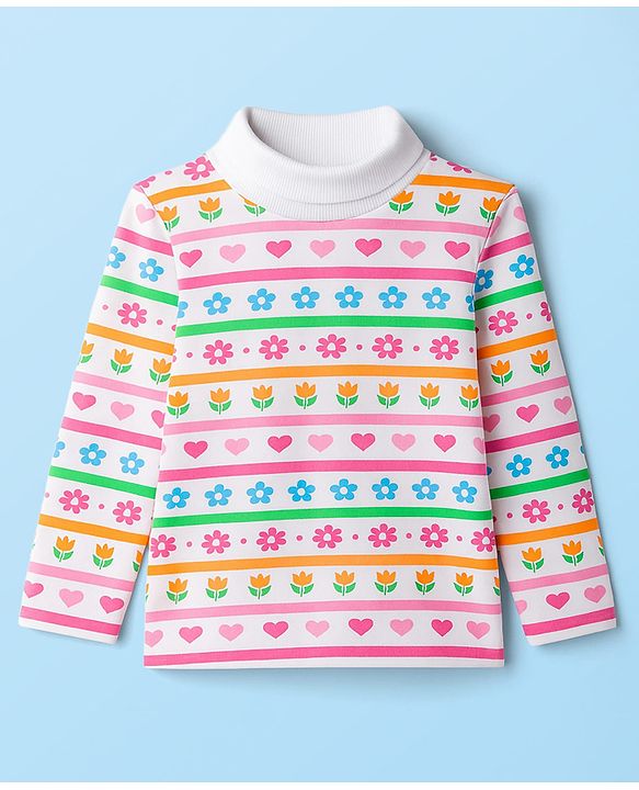 Babyhug Cotton Elastane Knit Full Sleeves Turtle Neck Winter T-Shirt with Floral & Heart Print - White