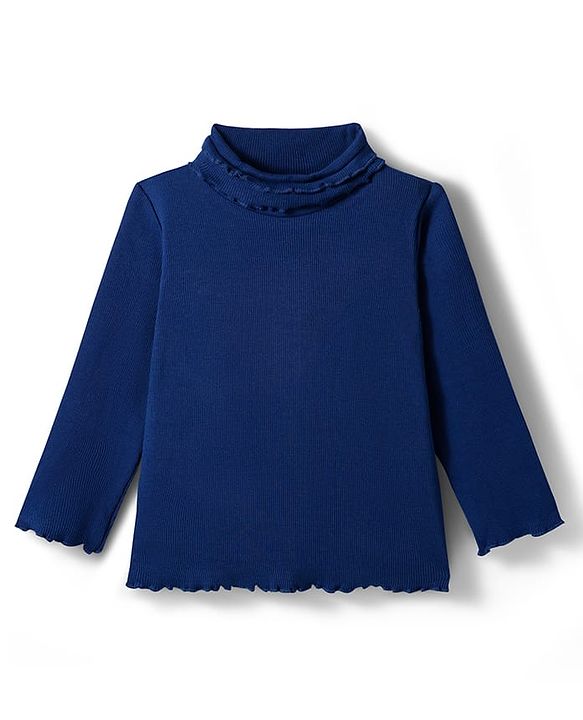 Babyhug Cotton Knit Full Sleeves Solid Color Turtle Neck Winter T-Shirt - Navy Blue