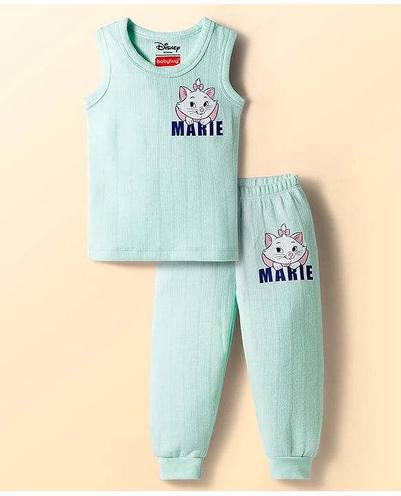 Babyhug Disney Interlock Sleeveless Pullover Thermal Vest & Pant Set with The Aristocats Marie Print - Light Blue