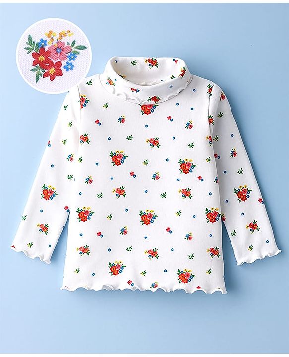Babyhug Cotton Knit Full Sleeves Turtle Neck Winter T-Shirt with Floral Print - White
