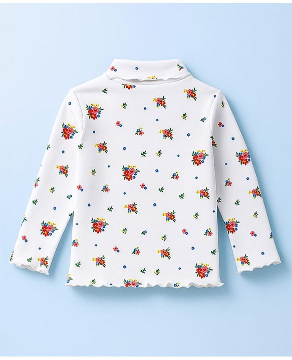 Babyhug Cotton Knit Full Sleeves Turtle Neck Winter T-Shirt with Floral Print - White