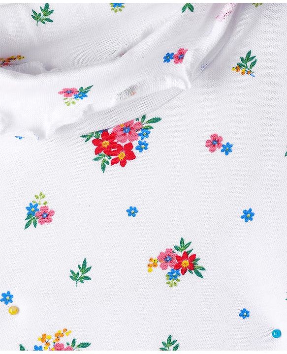 Babyhug Cotton Knit Full Sleeves Turtle Neck Winter T-Shirt with Floral Print - White