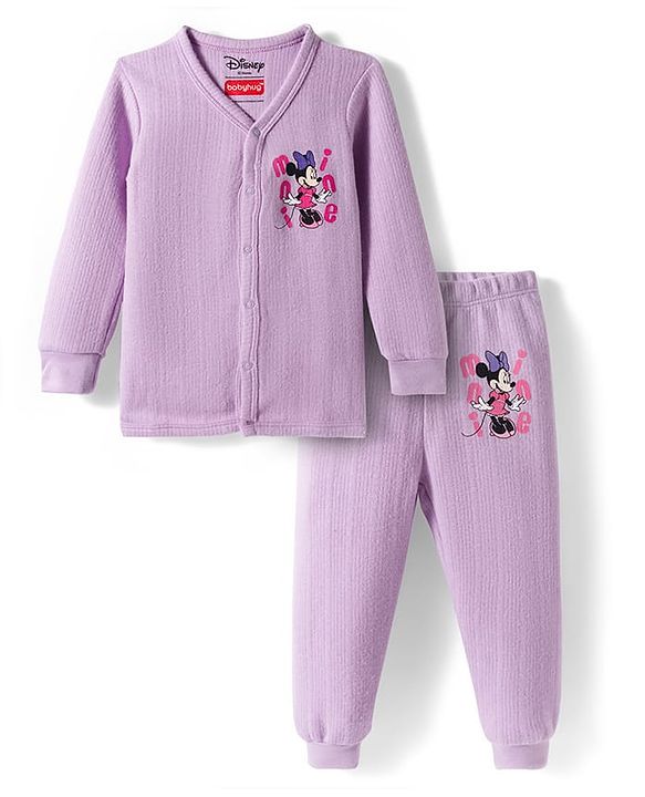 Babyhug Disney Interlock Full Sleeve Front Open Thermal Wear Set With Minnie Mouse Graphics - Lavender