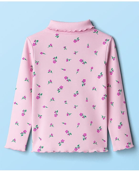 Babyhug Cotton Elastane Knit Full Sleeves Turtle Neck Winter T-Shirt with Floral Print - Pink