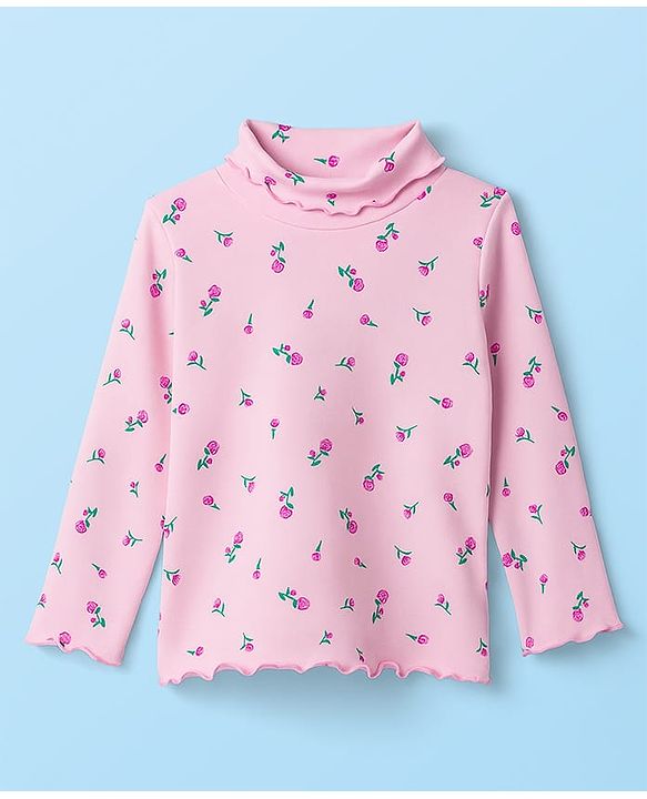 Babyhug Cotton Elastane Knit Full Sleeves Turtle Neck Winter T-Shirt with Floral Print - Pink