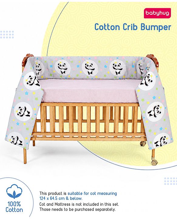 Babyhug 100% Cotton Extra Large Cot Bumper Panda Print - Grey| Soft Cushioned Crib Protector| Breathable Fabric| Easy to setup| Prevents Bumps| 0-24 Months| New Born & Toddler Gifting