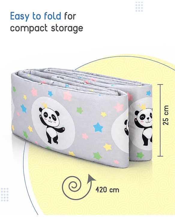Babyhug 100% Cotton Extra Large Cot Bumper Panda Print - Grey| Soft Cushioned Crib Protector| Breathable Fabric| Easy to setup| Prevents Bumps| 0-24 Months| New Born & Toddler Gifting