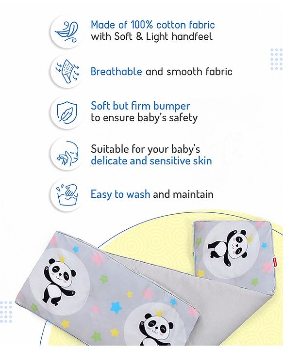 Babyhug 100% Cotton Extra Large Cot Bumper Panda Print - Grey| Soft Cushioned Crib Protector| Breathable Fabric| Easy to setup| Prevents Bumps| 0-24 Months| New Born & Toddler Gifting