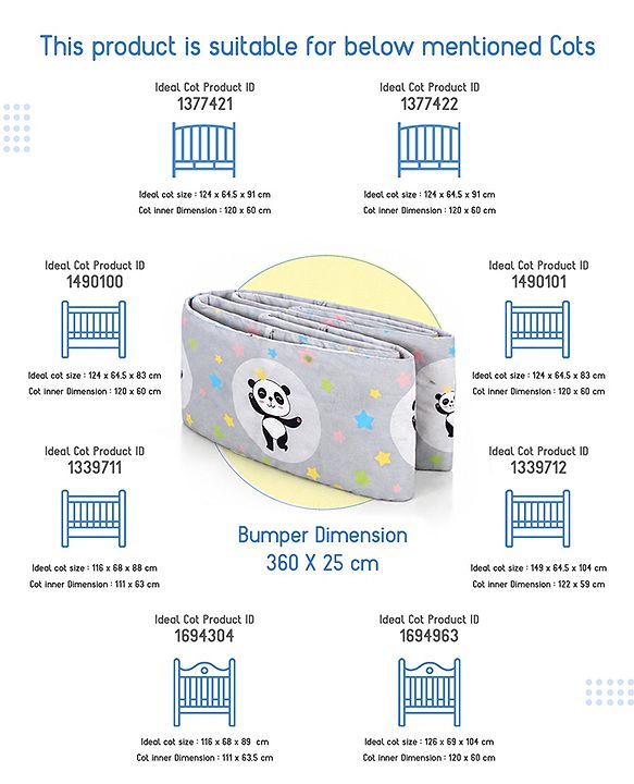Babyhug 100% Cotton Extra Large Cot Bumper Panda Print - Grey| Soft Cushioned Crib Protector| Breathable Fabric| Easy to setup| Prevents Bumps| 0-24 Months| New Born & Toddler Gifting