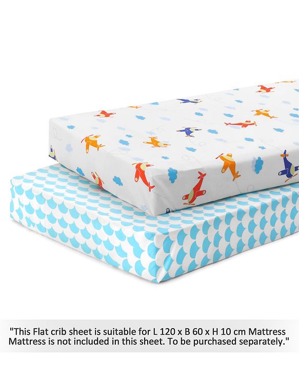 Babyhug Premium Cotton Flat Crib Sheets Set of 2 Aeroplane Theme - White| Soft Breathable Fabric| Skin-Friendly| Travel-Friendly| Machine Washable| 0-12 Months