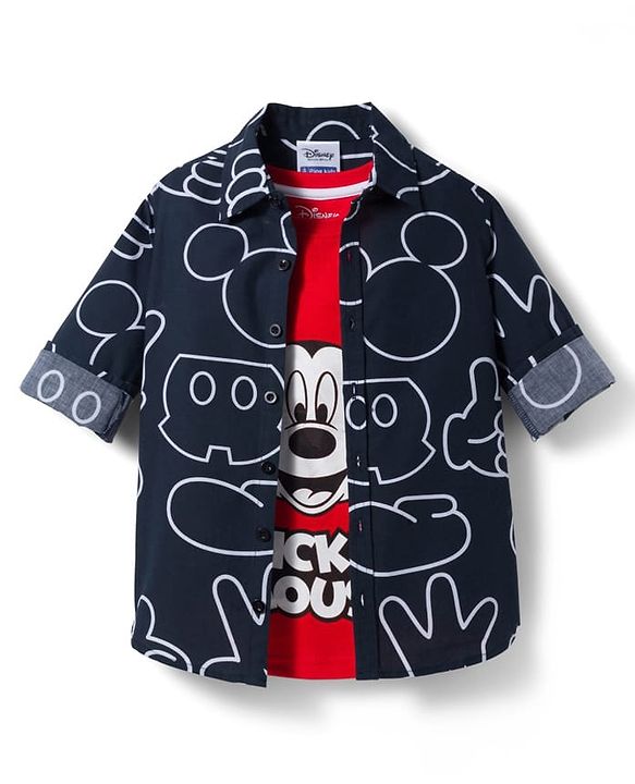 Pine Kids Disney Single Jersey Knit Full Sleeves Shirts and Sleeveless T-Shirt with Mickey Mouse Graphics - Navy Blue & Red