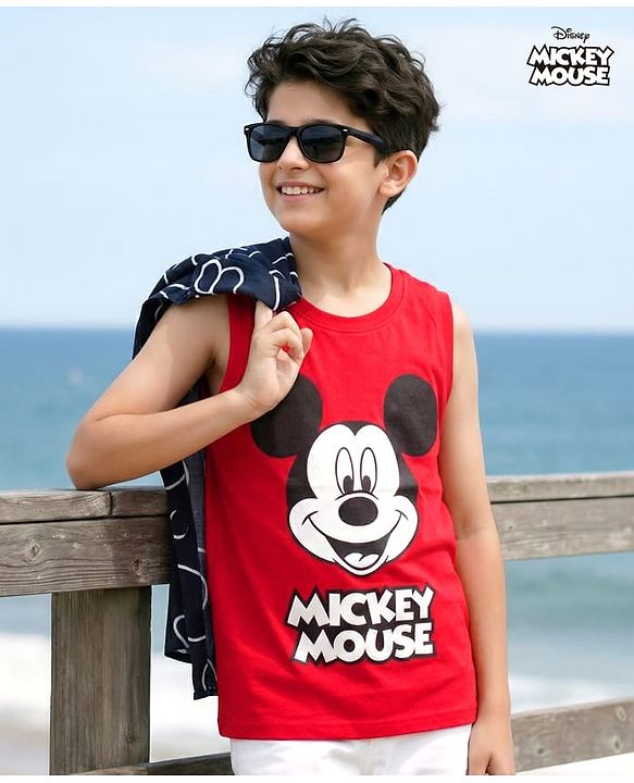 Pine Kids Disney Single Jersey Knit Full Sleeves Shirts and Sleeveless T-Shirt with Mickey Mouse Graphics - Navy Blue & Red