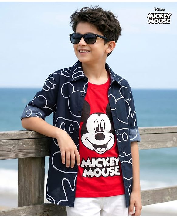 Pine Kids Disney Single Jersey Knit Full Sleeves Shirts and Sleeveless T-Shirt with Mickey Mouse Graphics - Navy Blue & Red