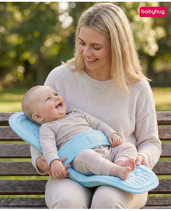 Babyhug 2-in-1 Carrier & Feeding Pillow Velvet - Blue | Infant Carrying and Feeding Support| Ideal for New Moms| Full Body Support| Safety Harness