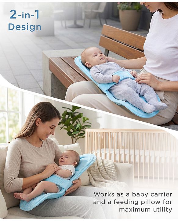 Babyhug 2-in-1 Carrier & Feeding Pillow Velvet - Blue | Infant Carrying and Feeding Support| Ideal for New Moms| Full Body Support| Safety Harness