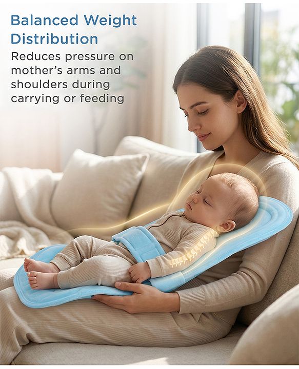 Babyhug 2-in-1 Carrier & Feeding Pillow Velvet - Blue | Infant Carrying and Feeding Support| Ideal for New Moms| Full Body Support| Safety Harness