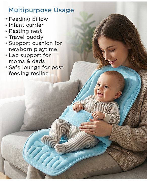 Babyhug 2-in-1 Carrier & Feeding Pillow Velvet - Blue | Infant Carrying and Feeding Support| Ideal for New Moms| Full Body Support| Safety Harness