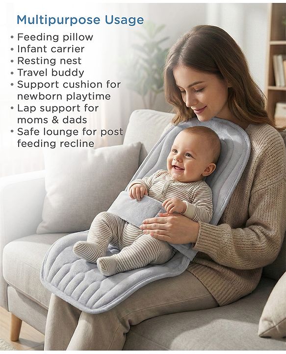 Babyhug 2-in-1 Carrier & Feeding Pillow Velvet - Blue | Infant Carrying and Feeding Support| Ideal for New Moms| Full Body Support| Safety Harness