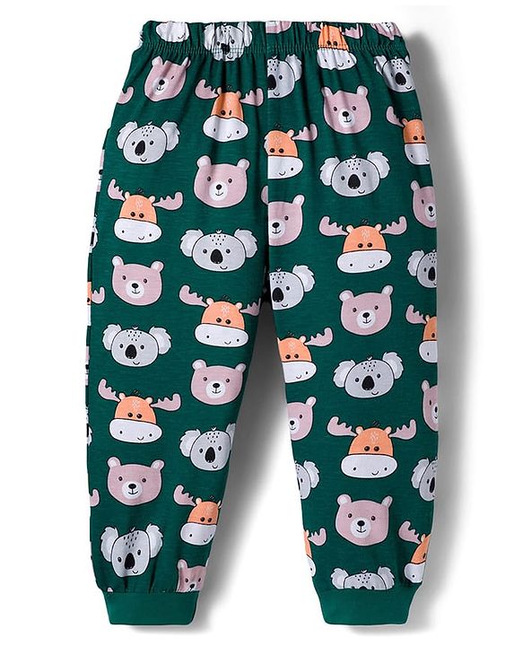 Babyhug Cotton Knit Full Sleeves Co-ords Night Suit With Animal Print - Green