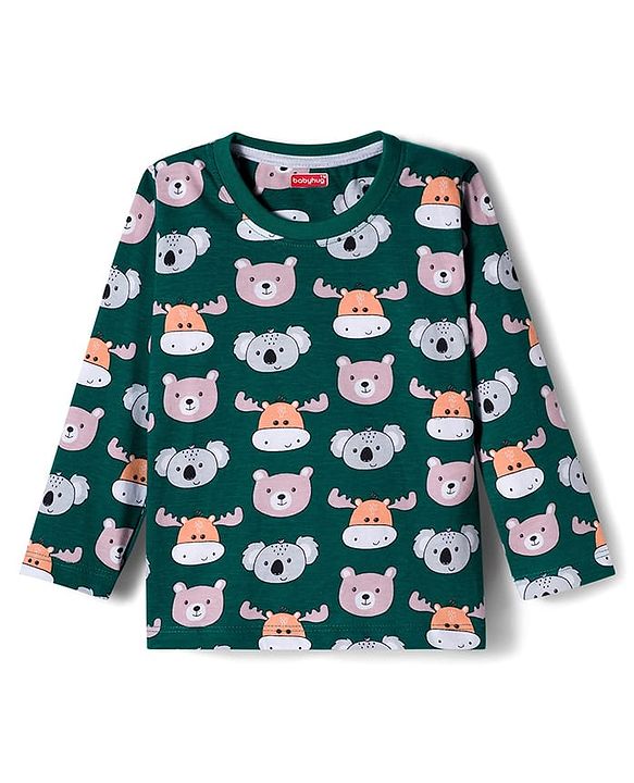 Babyhug Cotton Knit Full Sleeves Co-ords Night Suit With Animal Print - Green