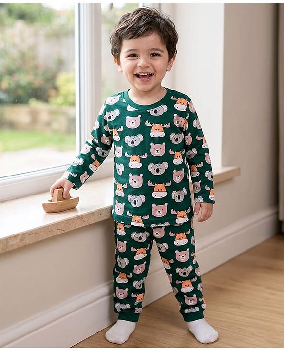 Babyhug Cotton Knit Full Sleeves Co-ords Night Suit With Animal Print - Green