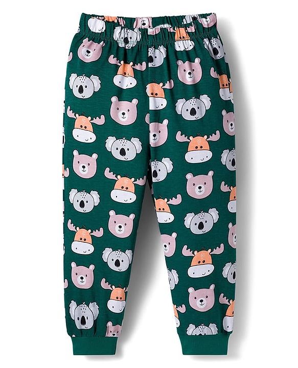 Babyhug Cotton Knit Full Sleeves Co-ords Night Suit With Animal Print - Green