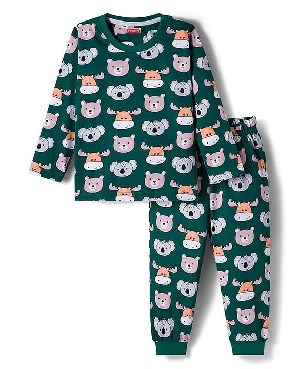 Babyhug Cotton Knit Full Sleeves Co-ords Night Suit With Animal Print - Green