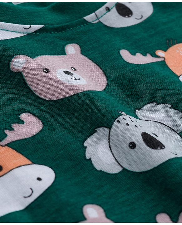 Babyhug Cotton Knit Full Sleeves Co-ords Night Suit With Animal Print - Green