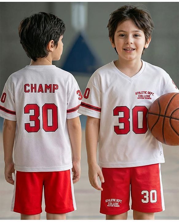 Pine Active Knit Half Sleeves Athleisure T-Shirt & Shorts Set Text & Number Print - White & Red