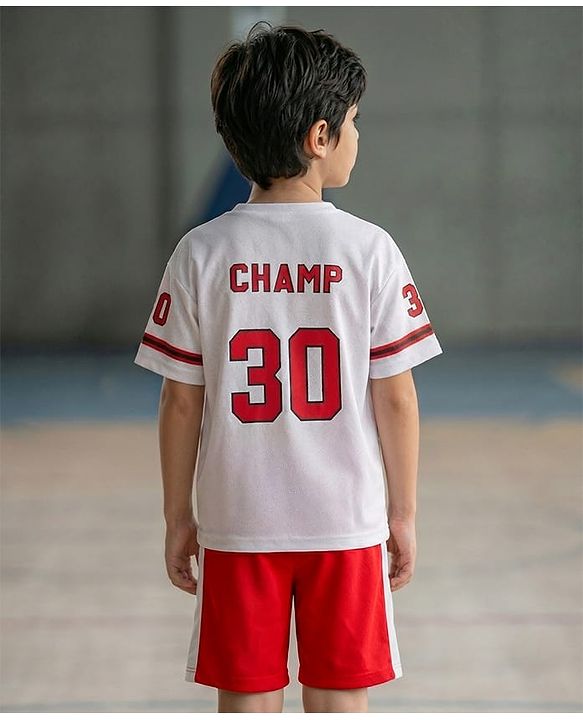 Pine Active Knit Half Sleeves Athleisure T-Shirt & Shorts Set Text & Number Print - White & Red