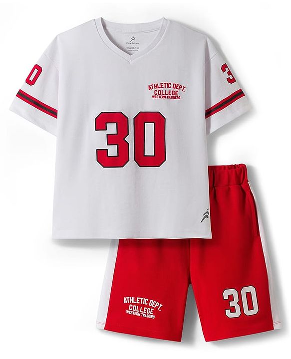 Pine Active Knit Half Sleeves Athleisure T-Shirt & Shorts Set Text & Number Print - White & Red