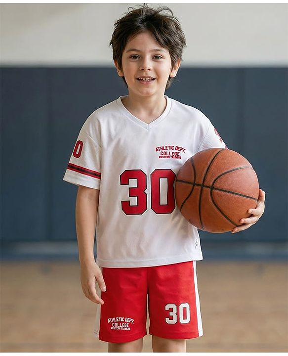 Pine Active Knit Half Sleeves Athleisure T-Shirt & Shorts Set Text & Number Print - White & Red
