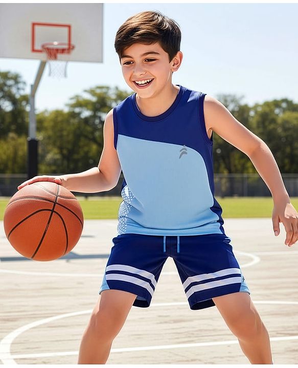 Pine Active Knit Sleeveless T-Shirt & Shorts Set With Tape Detailing - Blue & Navy Blue