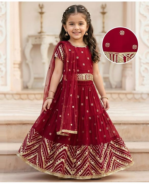 Babyhug Georgette Woven Half Sleeves Foil Printed Choli Lehenga Set with Dupatta & Lace Detailing - Red
