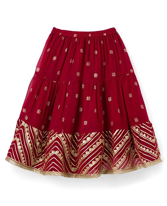 Babyhug Georgette Woven Half Sleeves Foil Printed Choli Lehenga Set with Dupatta & Lace Detailing - Red