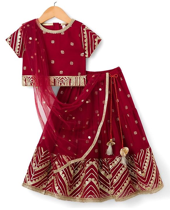 Babyhug Georgette Woven Half Sleeves Foil Printed Choli Lehenga Set with Dupatta & Lace Detailing - Red