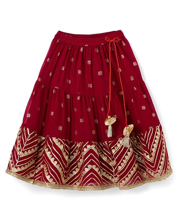 Babyhug Georgette Woven Half Sleeves Foil Printed Choli Lehenga Set with Dupatta & Lace Detailing - Red