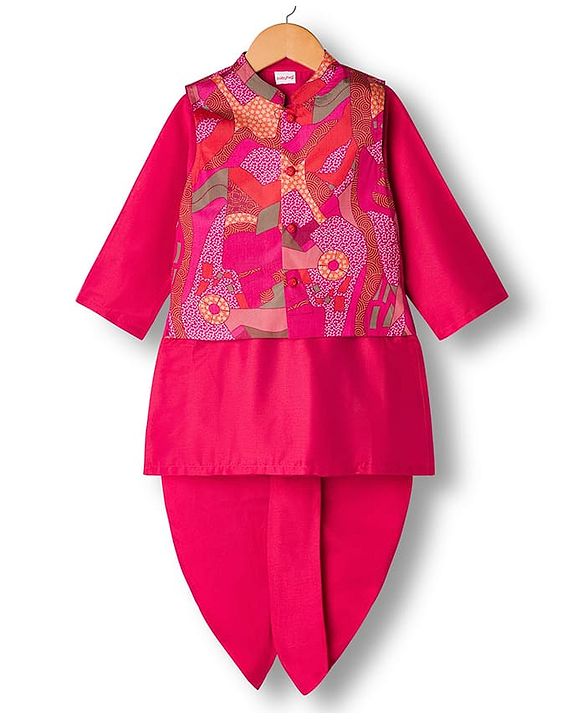 Babyhug Rayon Woven Full Sleeves Kurta Dhoti Set with Jacket & Abstract Print - Fuchsia