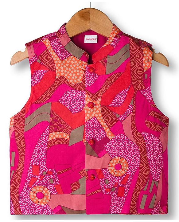 Babyhug Rayon Woven Full Sleeves Kurta Dhoti Set with Jacket & Abstract Print - Fuchsia