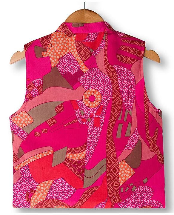 Babyhug Rayon Woven Full Sleeves Kurta Dhoti Set with Jacket & Abstract Print - Fuchsia