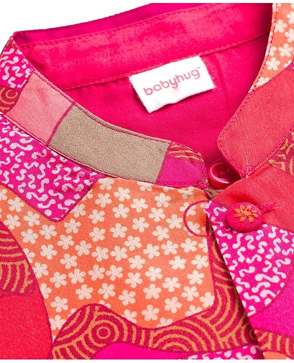 Babyhug Rayon Woven Full Sleeves Kurta Dhoti Set with Jacket & Abstract Print - Fuchsia