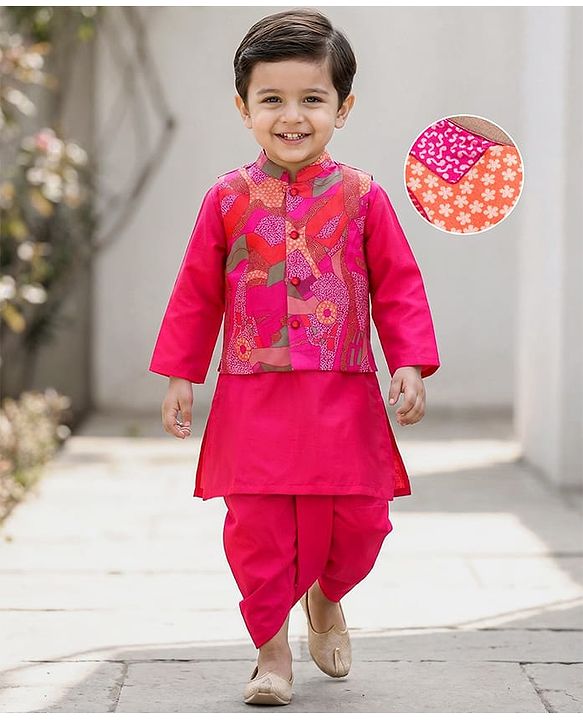 Babyhug Rayon Woven Full Sleeves Kurta Dhoti Set with Jacket & Abstract Print - Fuchsia