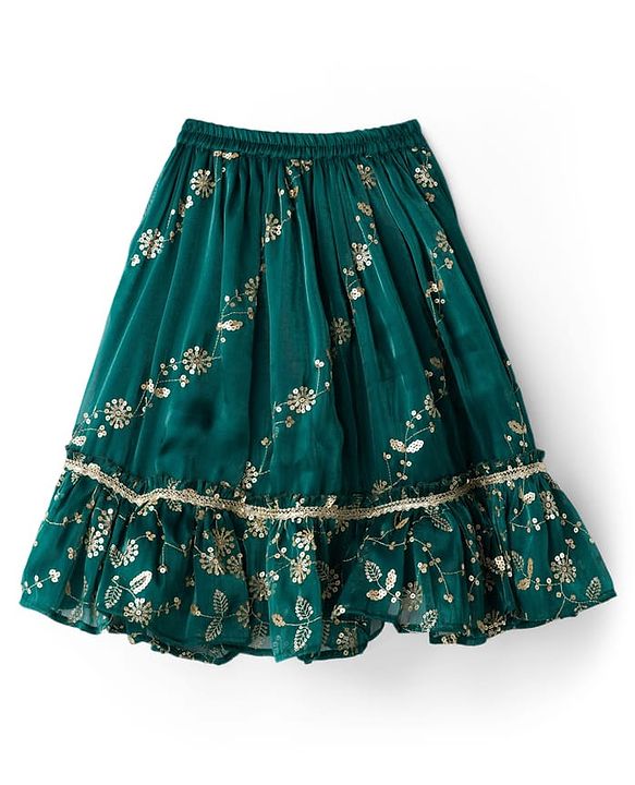 Babyhug Woven Half Sleeves Choli Lehenga & Dupatta Set With Floral Sequin Embriodery - Teal Blue