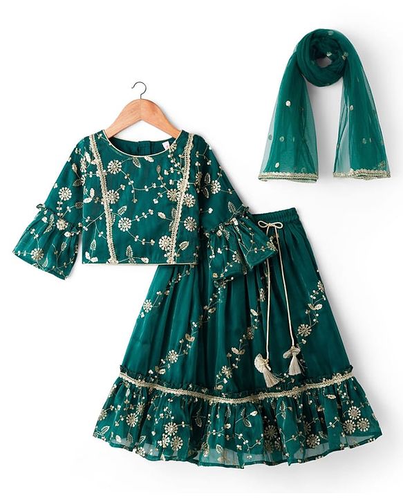 Babyhug Woven Half Sleeves Choli Lehenga & Dupatta Set With Floral Sequin Embriodery - Teal Blue