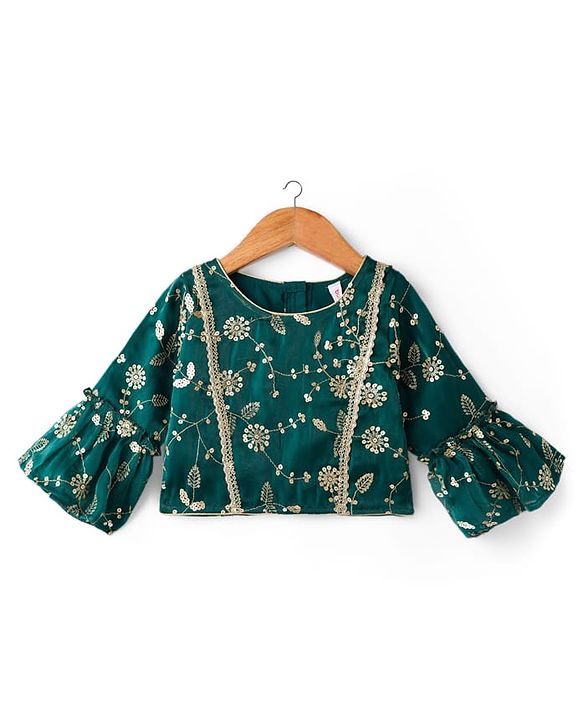Babyhug Woven Half Sleeves Choli Lehenga & Dupatta Set With Floral Sequin Embriodery - Teal Blue